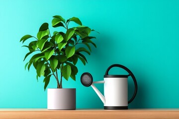 Aufkleber - Outline of a watering can and a potted plant, with clean, simple lines on a soft pastel background, capturing the essence of gardening in a minimalist style