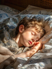 A young boy peacefully sleeps on a bed, bathed in soft morning sunlight, creating a serene and comforting scene.