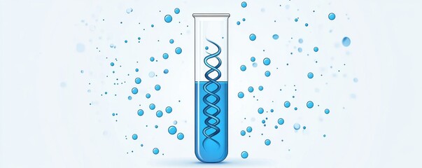 Wall Mural - test tube with blue liquid and abstract dna spiral on light background symbolizing scientific resear