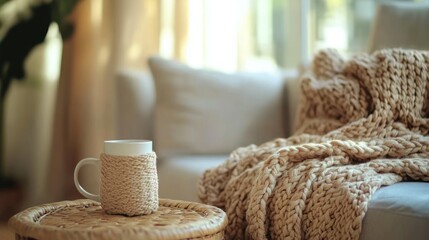 Wall Mural - A cozy living space featuring a knitted blanket and a mug on a woven table.