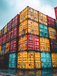 © romanets_v - stacked shipping containers extending upwards against a cloudy, moody sky at an industrial port.