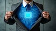© NASSRI - His super abilities. Mixed media circuit board information technology IT manager computer digital employee virtual super hero symbol power of a businessman