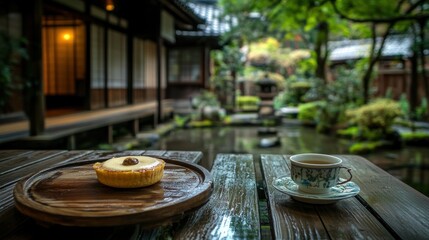 Sticker - A serene outdoor setting featuring a dessert and tea, surrounded by lush greenery.