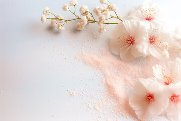 Sticker - A tranquil arrangement features beautiful cherry blossoms and delicate white flowers scattered softly on a light background, evoking feelings of serenity and beauty