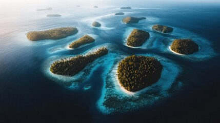 Aerial view of a cluster of tropical islands with lush green vegetation surrounded by crystal clear turquoise water.