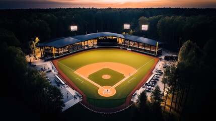 Wall Mural - Aerial view of an illuminated baseball stadium surrounded by trees at dusk, showcasing the field and stands with people and cars visible around the perimeter.