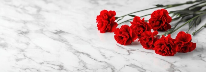 Wall Mural - A bouquet of red carnations on a marble surface, symbolizing love and admiration.