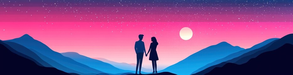 Poster - A couple holding hands against a starry sky and mountains at sunset.