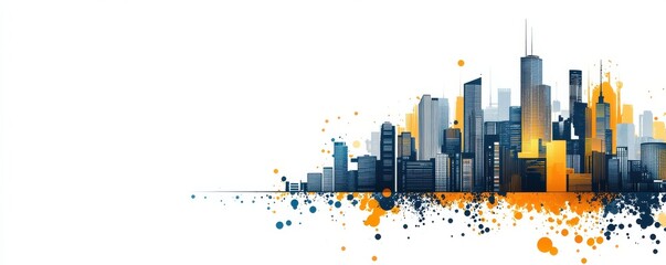 Vibrant cityscape silhouette in blue, orange, and yellow on a white background with abstract colorful waves