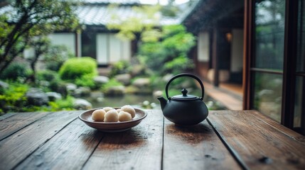 Sticker - A serene tea setting with dumplings, showcasing a tranquil garden view.