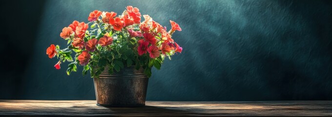 Sticker - A vibrant potted flower arrangement illuminated by soft light on a rustic wooden table.