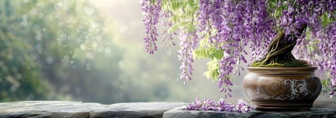 Poster - A serene scene featuring a flowering plant in a pot, set against a soft, blurred background.