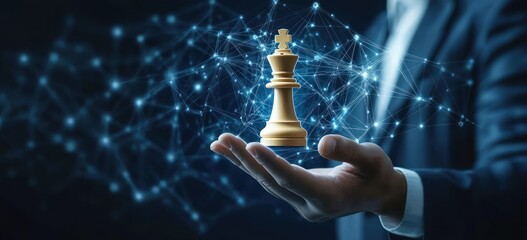 Poster - A hand holds a golden chess piece against a digital network background, symbolizing strategy.