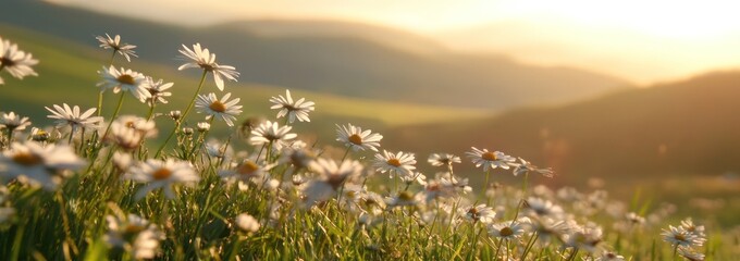 Sticker - A serene landscape filled with daisies under a warm sunset glow.