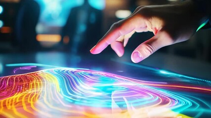 Man Interacting With Futuristic Holographic Digital Interface: Innovation and Technology in Business Visualization