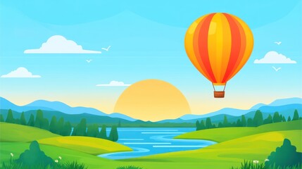 Wall Mural - A vibrant illustration of a hot air balloon over a serene landscape at sunset.