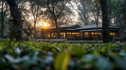 Sticker - A serene park scene with a building, surrounded by greenery and sunlight filtering through trees.