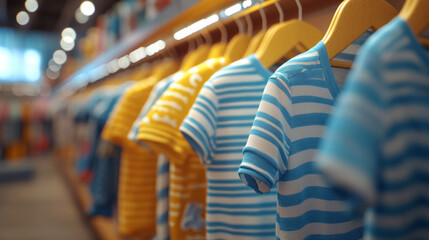 Wall Mural - A row of striped shirts hang on a rack in a store