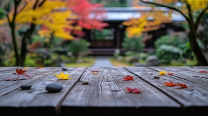 Poster - A serene garden scene with autumn leaves scattered on a wooden table, showcasing nature's beauty.