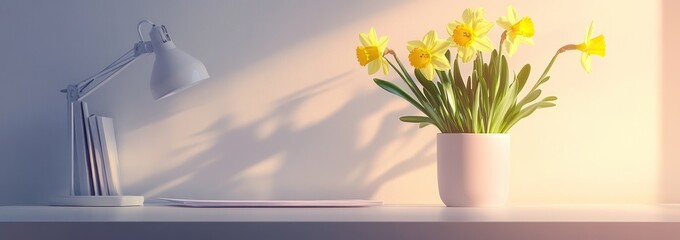 Poster - A serene workspace featuring a lamp, notebook, and vibrant yellow flowers in a pot.