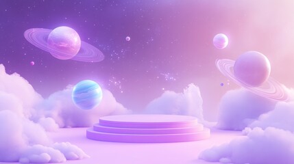 Wall Mural - a dreamy cosmic landscape featuring colorful planets and soft clouds in a pastel setting.