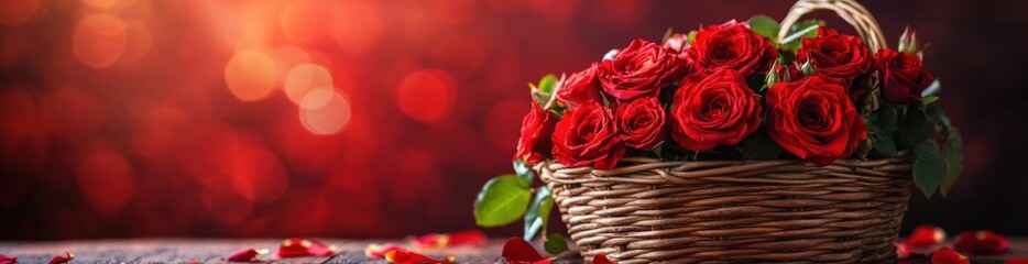 Wall Mural - A basket filled with vibrant red roses against a blurred, warm background.