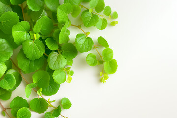 Poster - A lush arrangement of vibrant green leaves rests elegantly on a pristine white backdrop, reflecting the freshness of nature and perfect for artistic projects