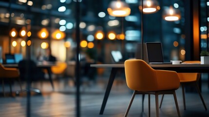 Canvas Print - Modern office space with orange chairs, laptops on desks, and warm ambient lighting during nighttime, reflecting a contemporary workplace environment.