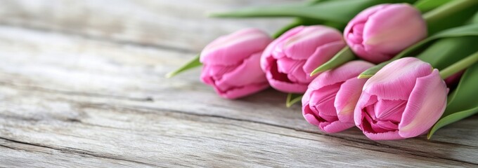 Wall Mural - A bouquet of pink tulips arranged on a rustic wooden surface.