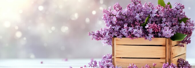 Poster - A wooden box filled with blooming lilac flowers against a soft, blurred background.