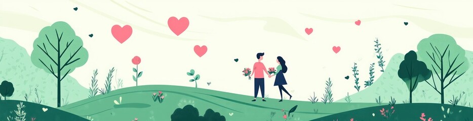 Wall Mural - A romantic illustration of a couple in a serene landscape surrounded by hearts and nature.