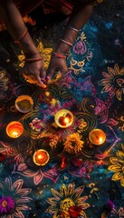 Wall Mural - Vibrant Nepali Rangoli with Flowers and Oil Lamps for Tihar Festival Celebration Design