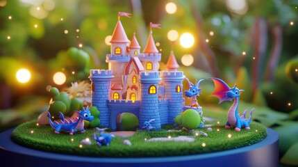 Wall Mural - A whimsical castle scene featuring playful dragons and vibrant greenery.