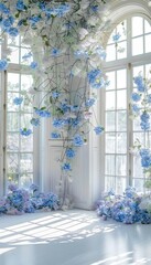 Wall Mural - Bright and airy room with white walls and pastel blue flowers, bathed in natural light