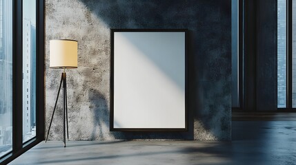 2. A minimalist office interior featuring an empty poster frame against a textured concrete wall, illuminated by warm natural light from nearby windows, perfect for showcasing promotional material