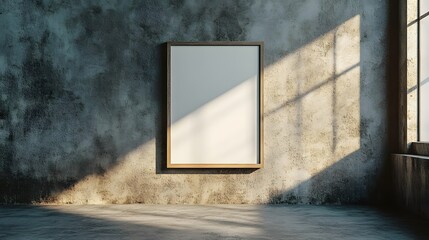 2. A minimalist office interior featuring an empty poster frame against a textured concrete wall, illuminated by warm natural light from nearby windows, perfect for showcasing promotional material