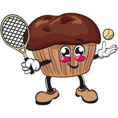 kawaii cartoon chocolate muffin with chocolate chip character mascot isolated vector illustration playing tennis, work of hand drawn