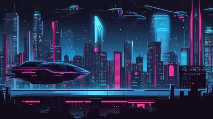 Canvas Print - Futuristic cityscape with neon colors and flying vehicles against a night sky.