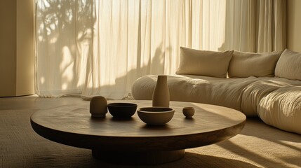 Sticker - A serene living room with a round coffee table adorned with minimalist decor.