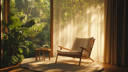 Canvas Print - A serene indoor space with a chair, table, and lush greenery outside.