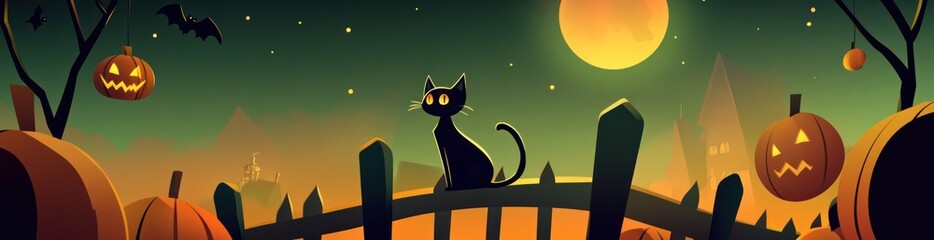 Poster - A spooky Halloween scene featuring a black cat, pumpkins, bats, and a full moon.