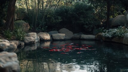 Poster - A serene pond with koi fish swimming among rocks and lush greenery.