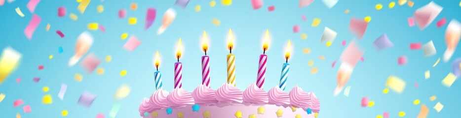 Poster - A colorful birthday cake with candles surrounded by confetti on a festive background.