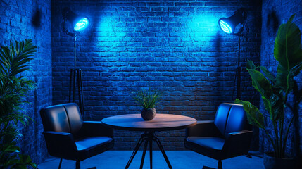 Blue Brick Wall Interior Design with Two Chairs and Round Table