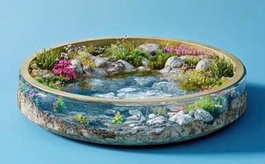 Sticker - A circular garden pond featuring flowers, rocks, and clear water, creating a serene environment.