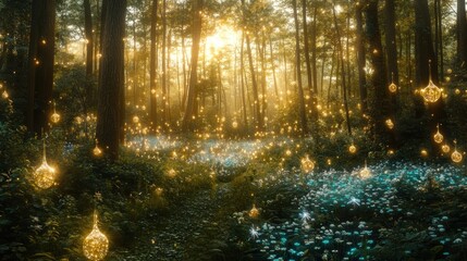 Poster - Enchanted forest with glowing orbs and flowers under a sunset.