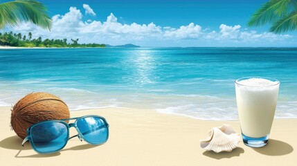 Poster - A tropical beach scene featuring sunglasses, a coconut, a shell, and a refreshing drink.