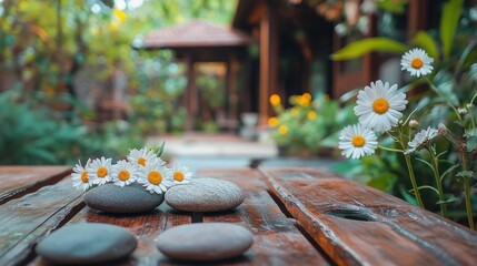 Sticker - A serene garden scene featuring stones and daisies on a wooden table.