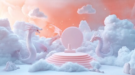 Sticker - A surreal scene with ethereal clouds and majestic dragons surrounding a central pedestal.