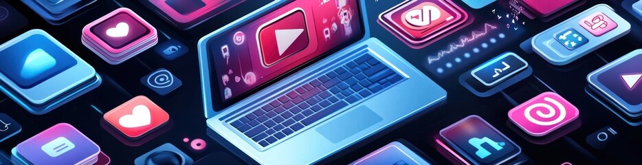 A digital workspace featuring various application icons surrounding a laptop.